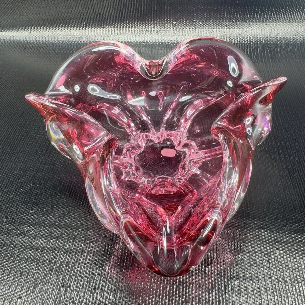 Hand Blown Bohemian Cranberry Art‎ Glass Dish Bowl Folded Edges Original Sticker